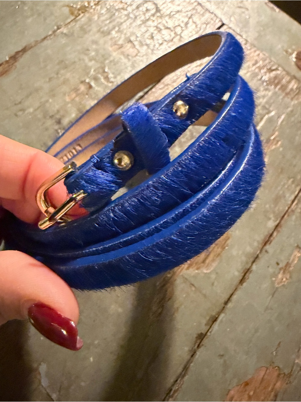 Ann Taylor Royal Blue Haircalf Genuine Leather Belt with Gold Buckle
